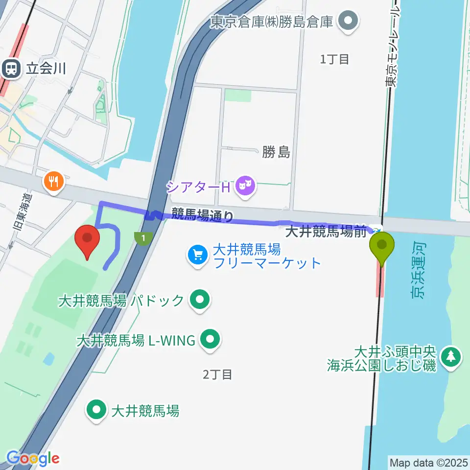 大井競馬場前駅からしながわ区民公園こどもサッカー場へのルートマップ地図