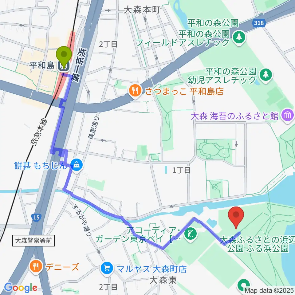 大森ふるさとの浜辺公園 多目的スポーツ場の最寄駅平和島駅からの徒歩ルート（約12分）地図