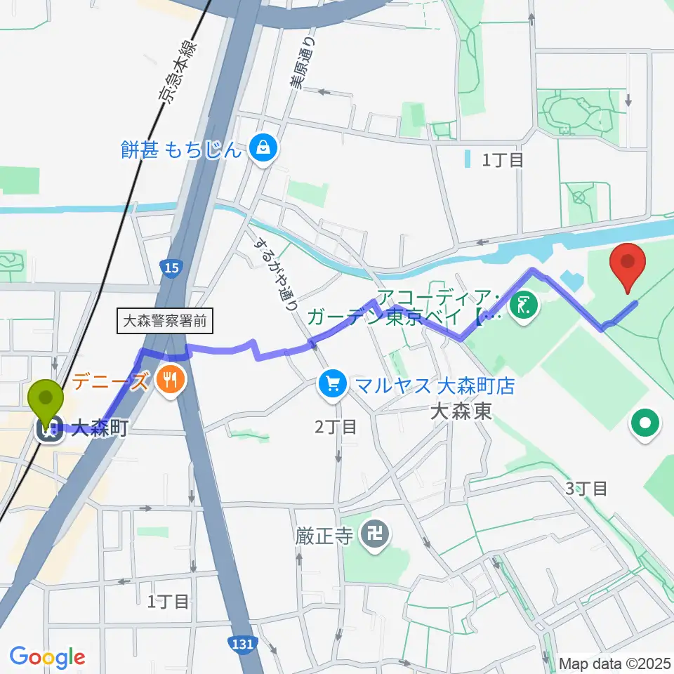 大森町駅から大森ふるさとの浜辺公園 多目的スポーツ場へのルートマップ地図