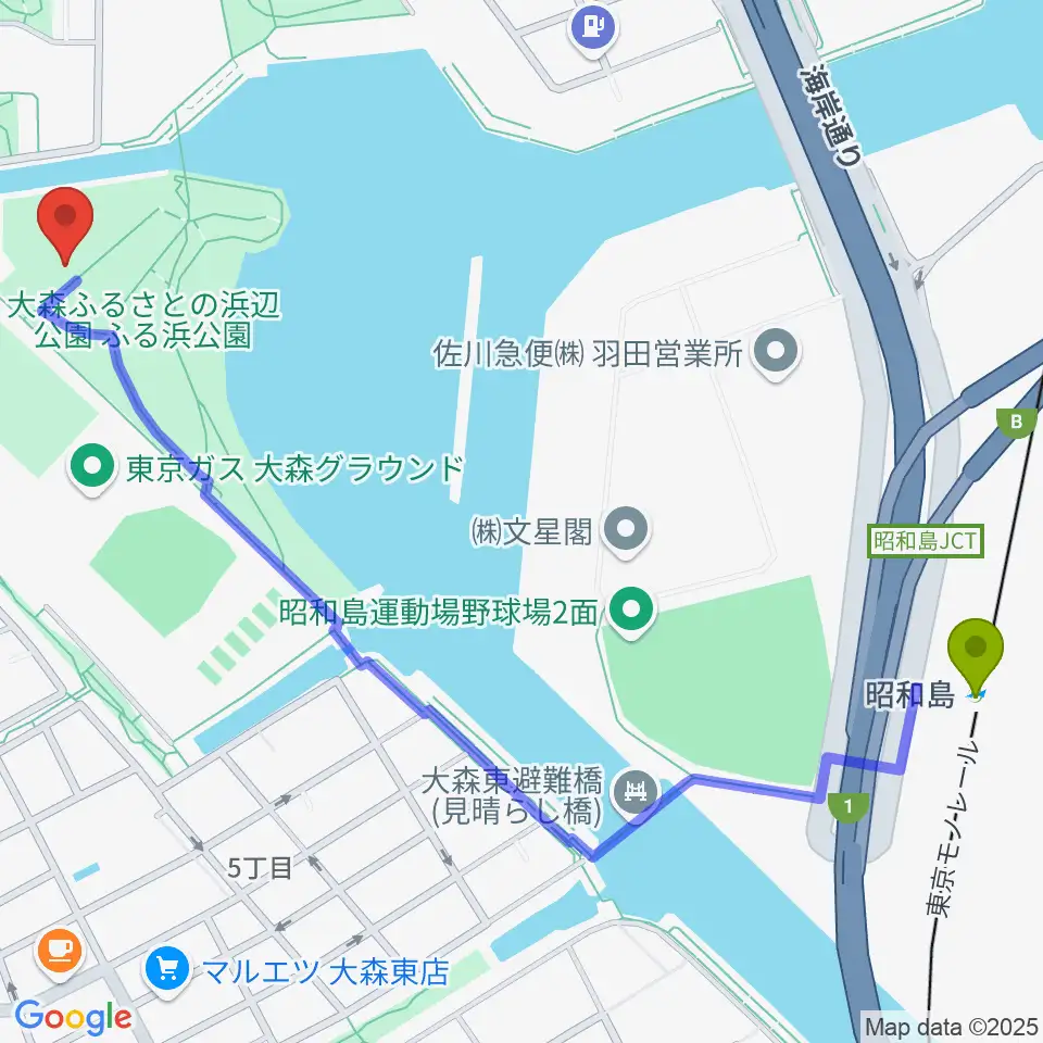 昭和島駅から大森ふるさとの浜辺公園 多目的スポーツ場へのルートマップ地図