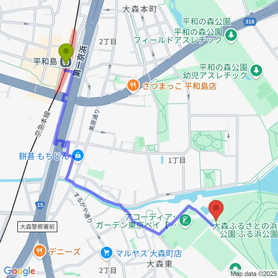 大森ふるさとの浜辺公園フットサル場の最寄駅平和島駅からの徒歩ルート（約12分）地図