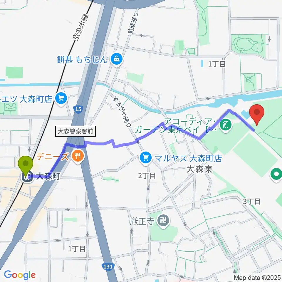 大森町駅から大森ふるさとの浜辺公園フットサル場へのルートマップ地図