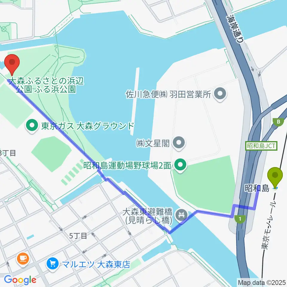 昭和島駅から大森ふるさとの浜辺公園フットサル場へのルートマップ地図