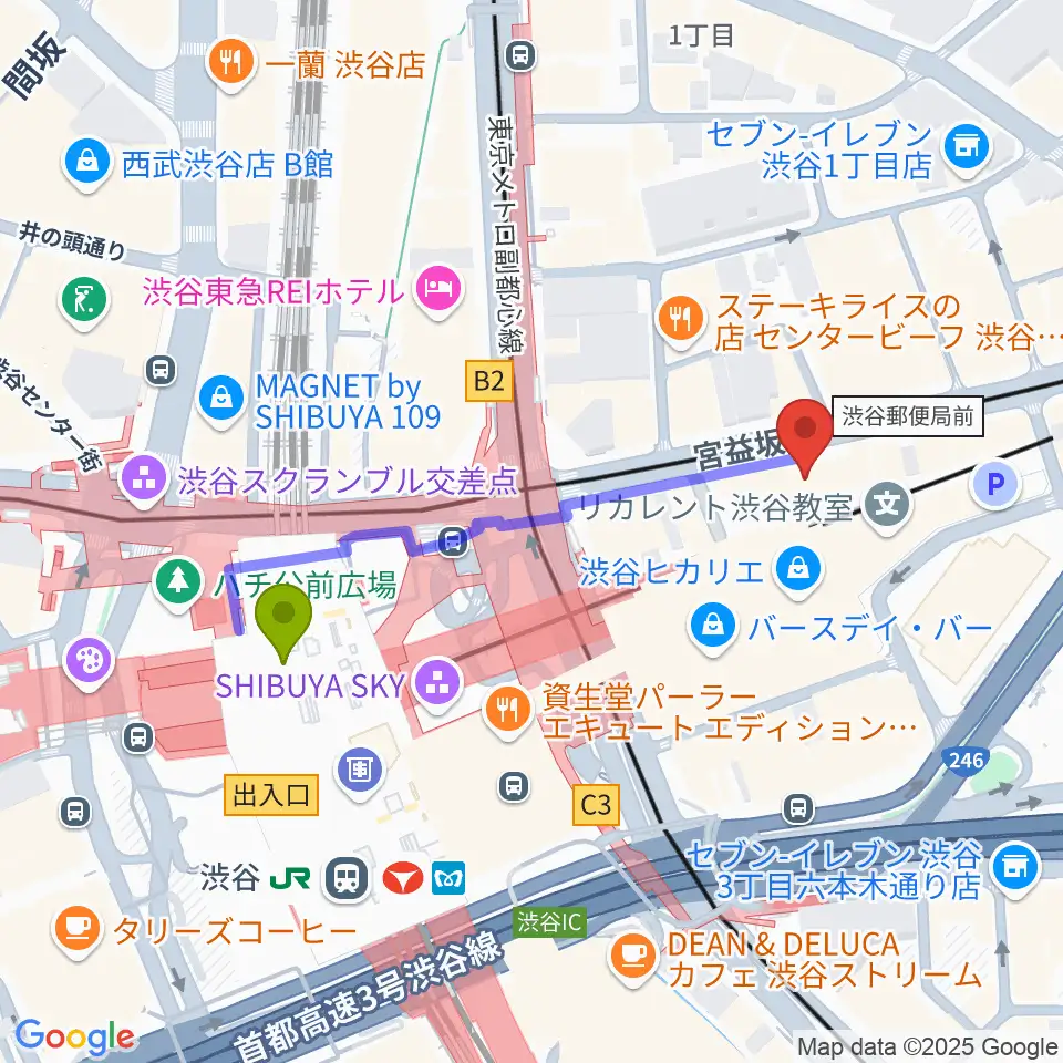 大森海苔のふるさと館の最寄駅渋谷駅からの徒歩ルート（約4分）地図