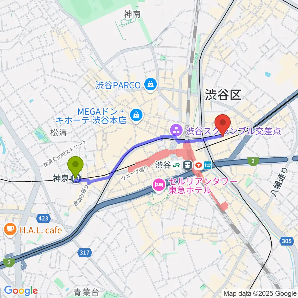 神泉駅から大森海苔のふるさと館へのルートマップ地図