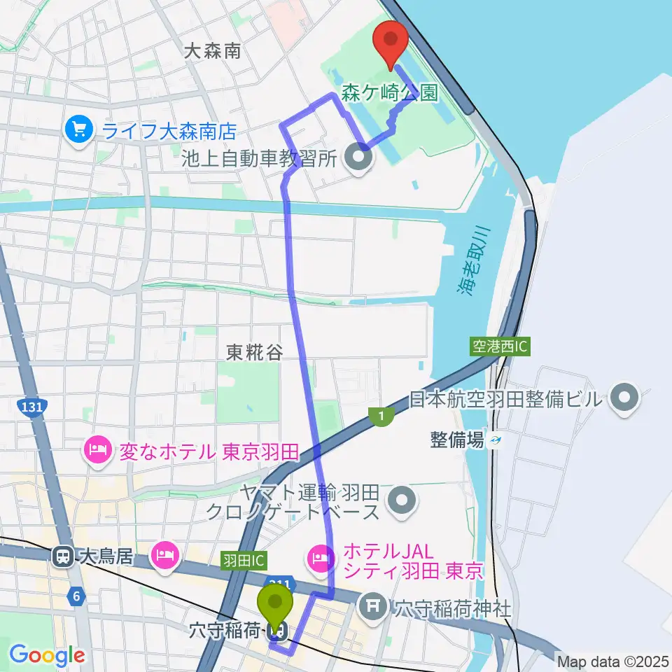 穴守稲荷駅から森ケ崎公園サッカー場へのルートマップ地図