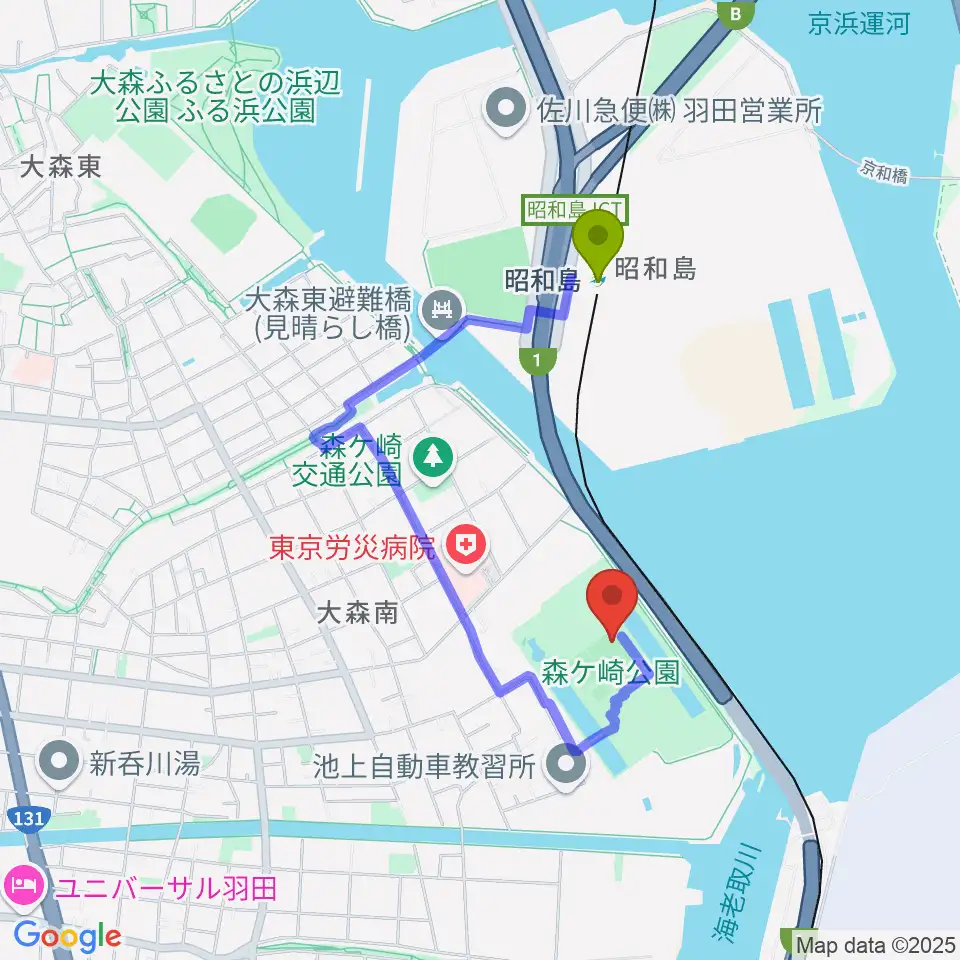 森ケ崎公園サッカー場の最寄駅昭和島駅からの徒歩ルート（約12分）地図