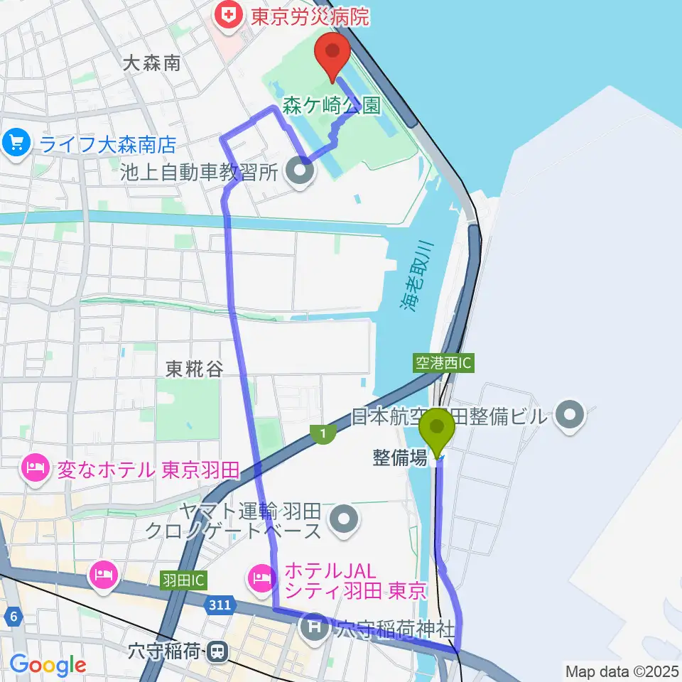 整備場駅から森ケ崎公園サッカー場へのルートマップ地図