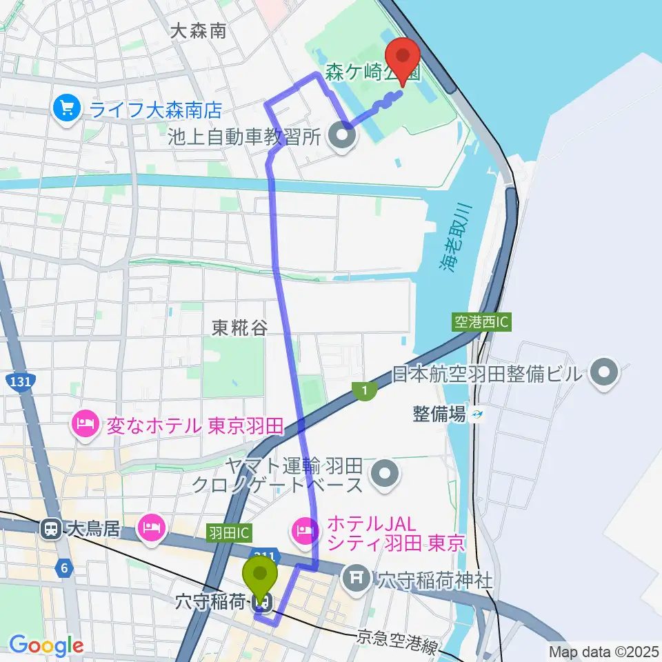 穴守稲荷駅から森ケ崎公園フットサル場へのルートマップ地図