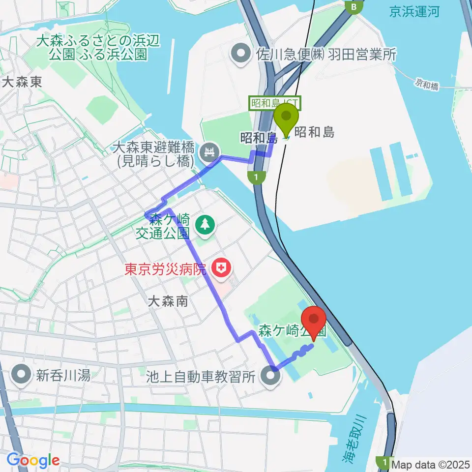 森ケ崎公園フットサル場の最寄駅昭和島駅からの徒歩ルート（約13分）地図