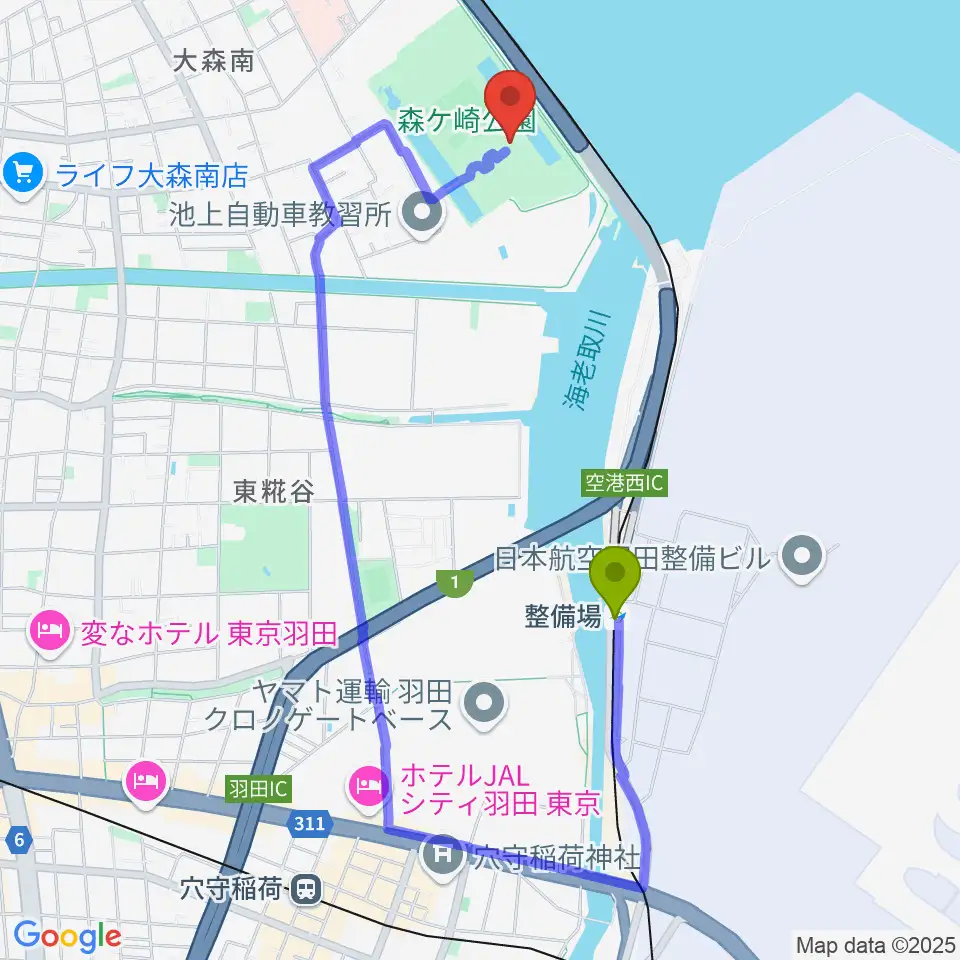 整備場駅から森ケ崎公園フットサル場へのルートマップ地図