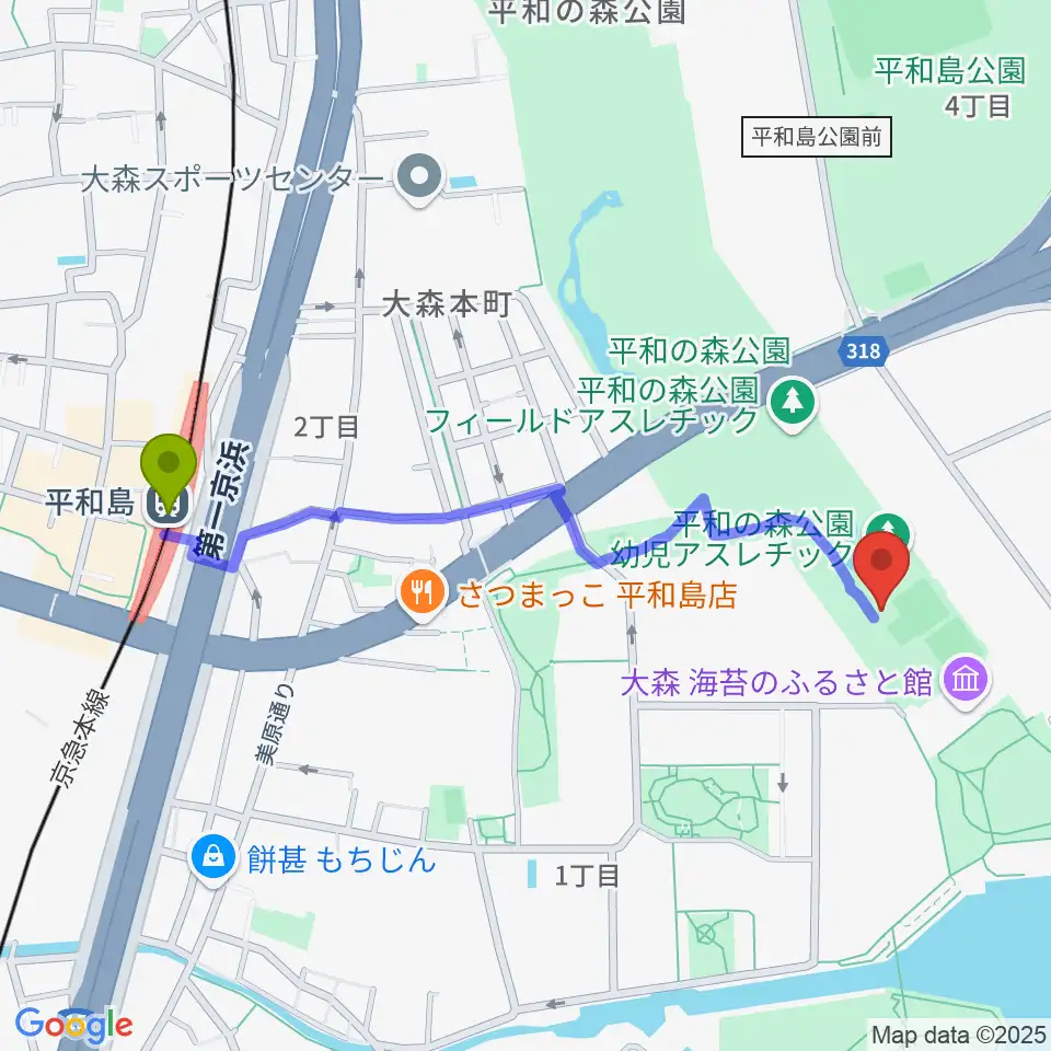 平和の森公園相撲場の最寄駅平和島駅からの徒歩ルート（約11分）地図