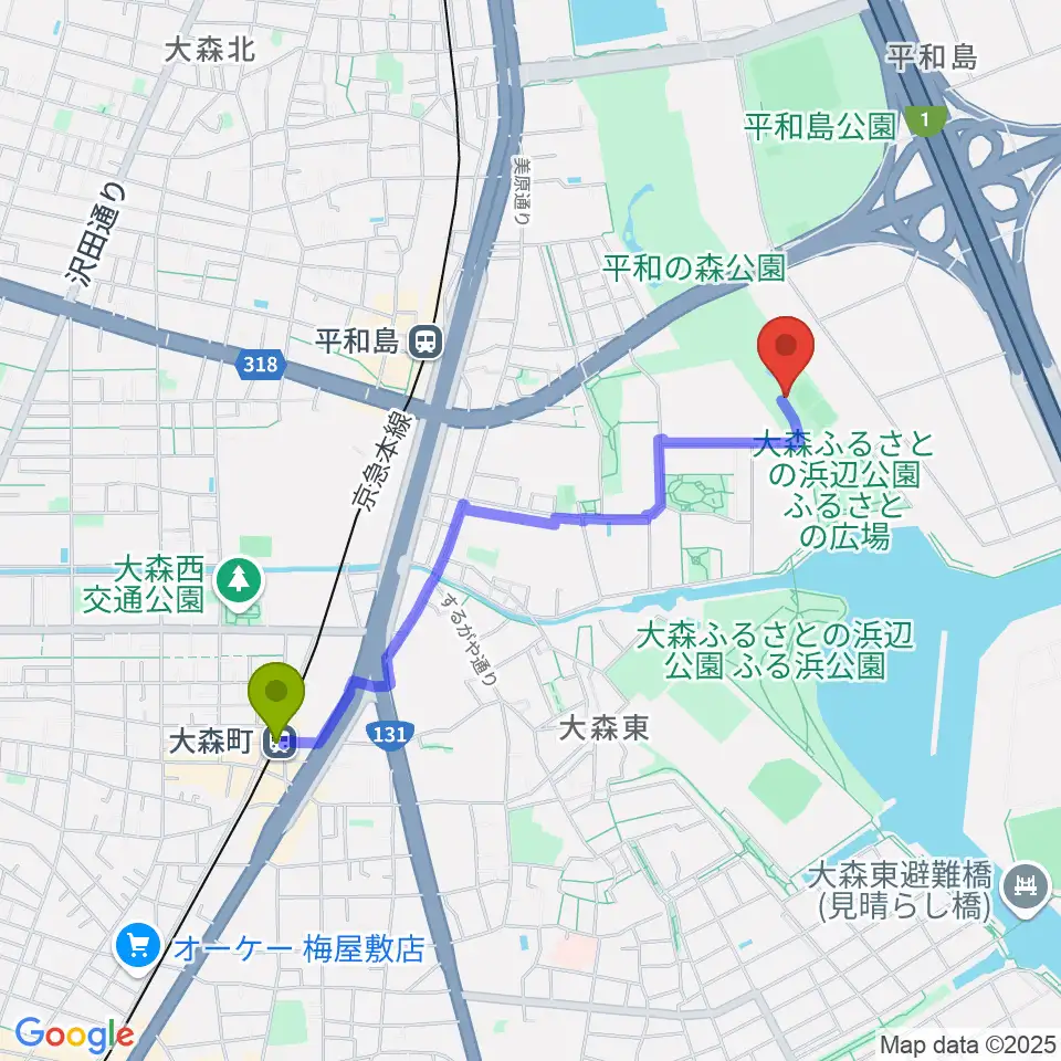 大森町駅から平和の森公園相撲場へのルートマップ地図
