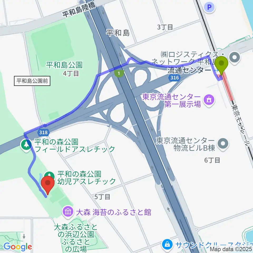 流通センター駅から平和の森公園相撲場へのルートマップ地図