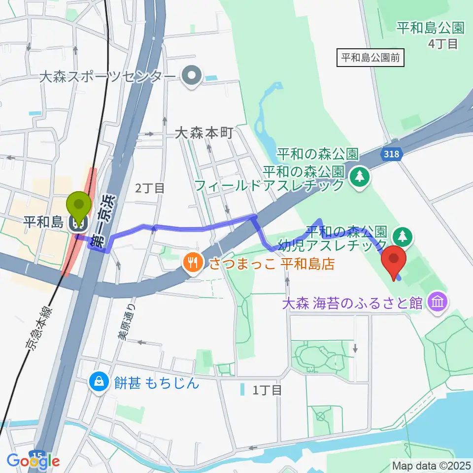 平和の森公園 弓道場･アーチェリー場の最寄駅平和島駅からの徒歩ルート（約11分）地図