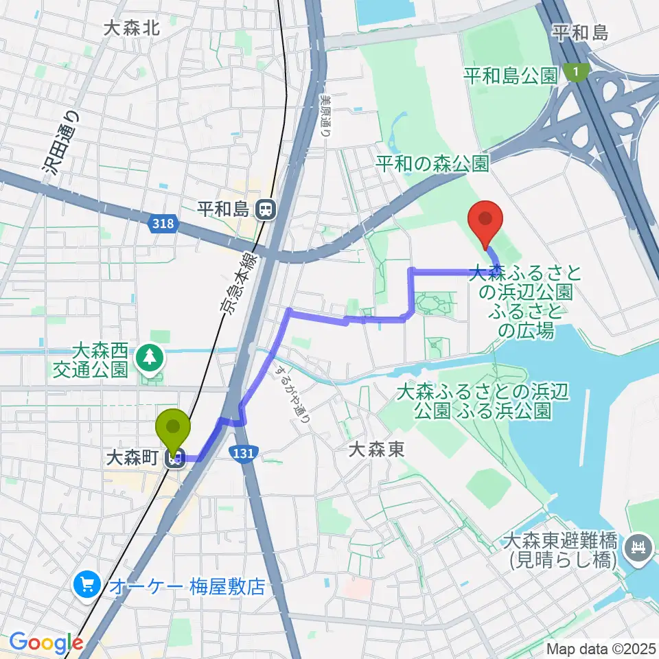 大森町駅から平和の森公園 弓道場･アーチェリー場へのルートマップ地図