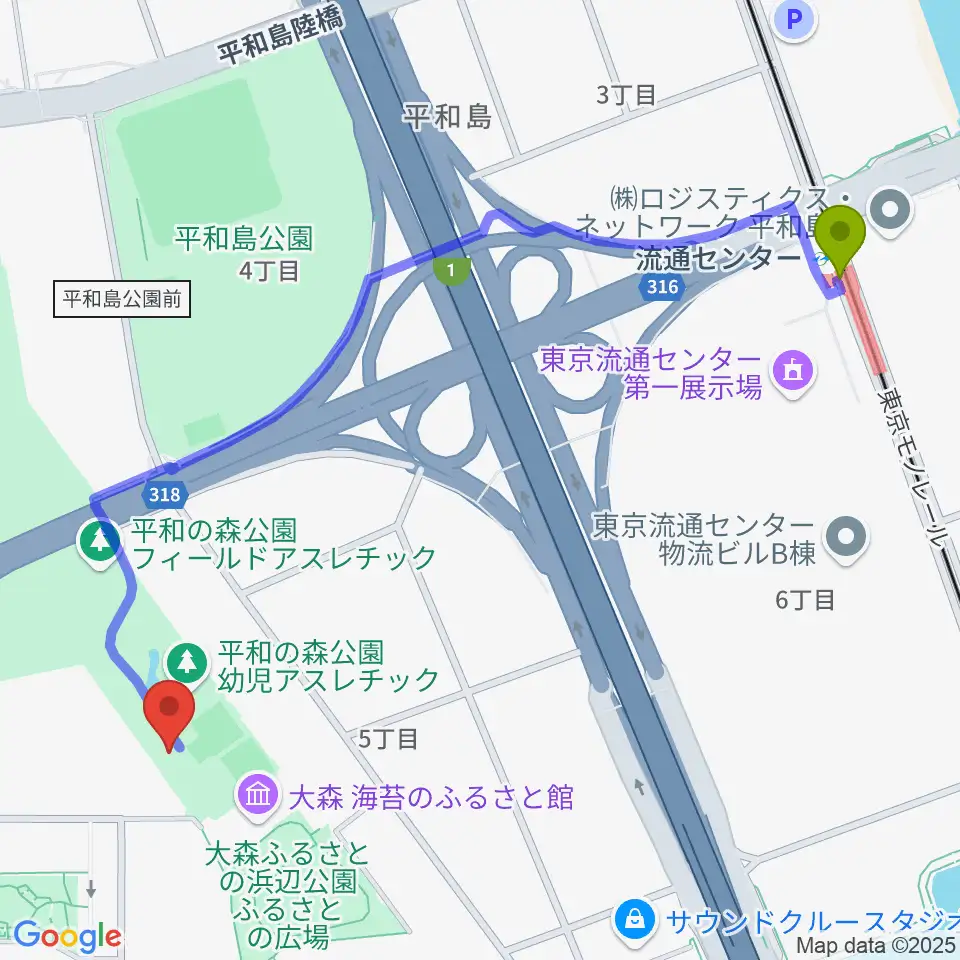 流通センター駅から平和の森公園 弓道場･アーチェリー場へのルートマップ地図