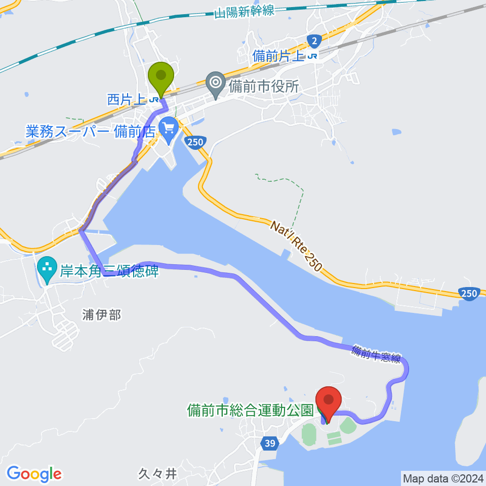 備前市チオビタ運動公園体育館の最寄駅西片上駅からの徒歩ルート（約47分）地図