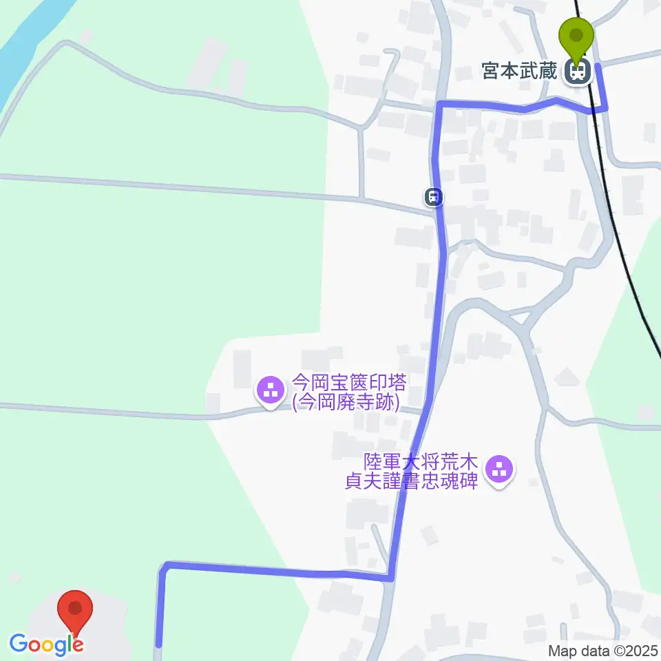 宮本武蔵顕彰武蔵武道館の最寄駅宮本武蔵駅からの徒歩ルート（約9分）地図