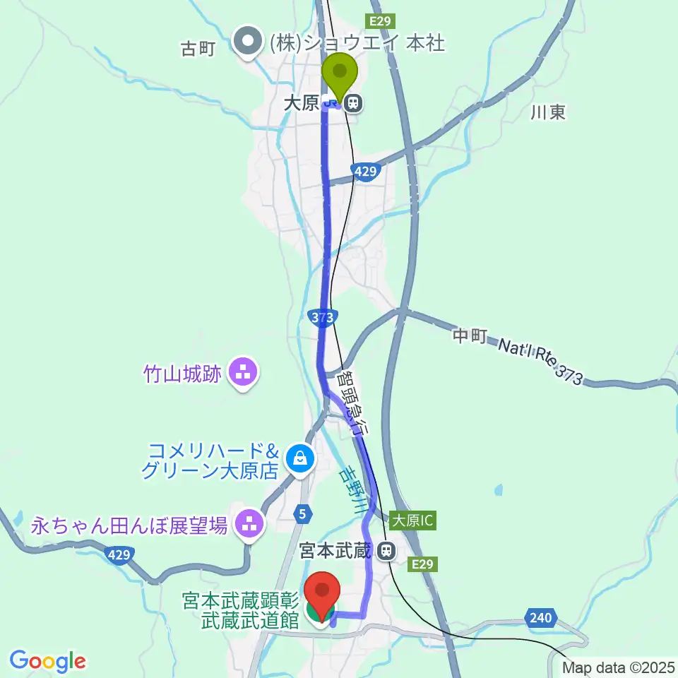 大原駅から宮本武蔵顕彰武蔵武道館へのルートマップ地図