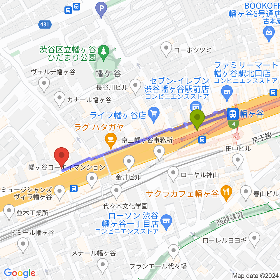 SUR SOUND STUDIOの最寄駅幡ヶ谷駅からの徒歩ルート（約4分）地図