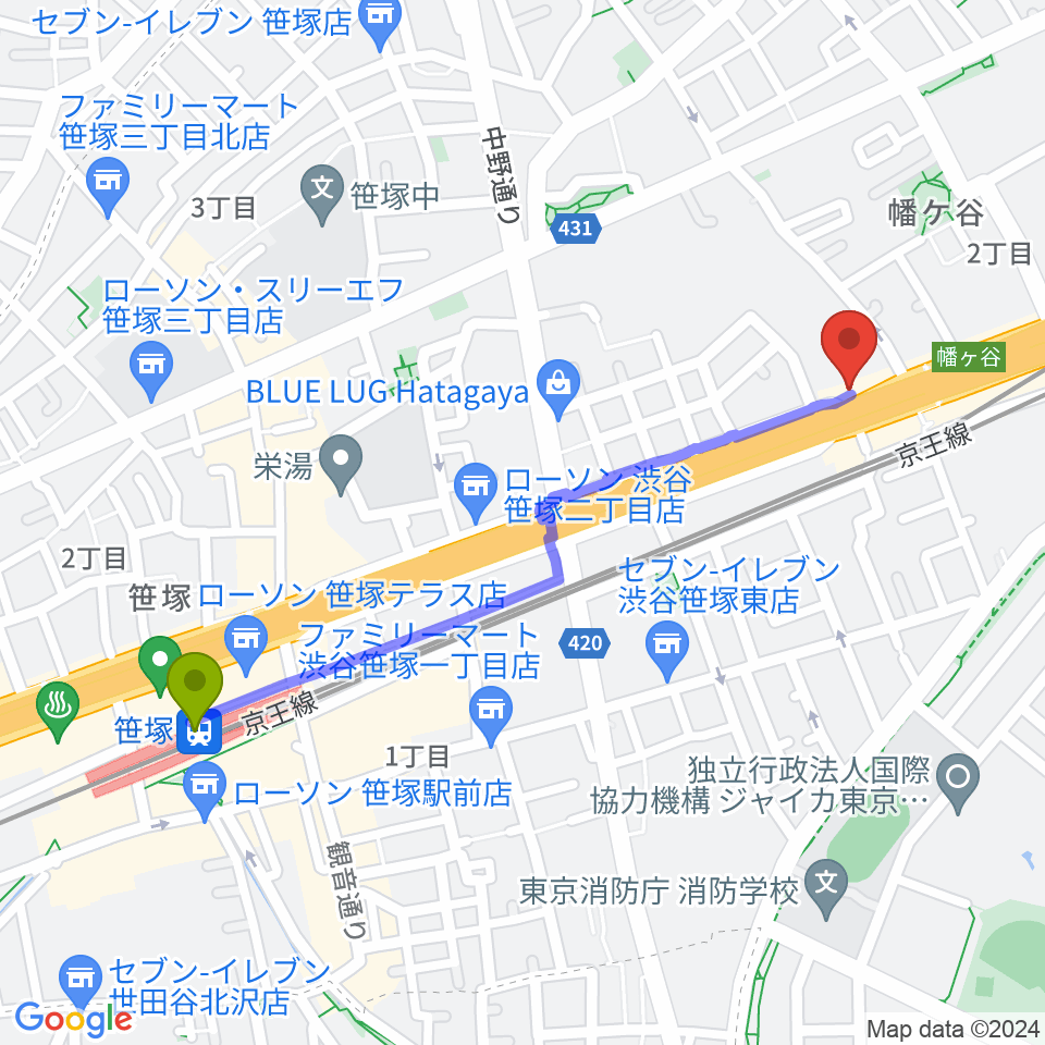 笹塚駅からSUR SOUND STUDIOへのルートマップ地図