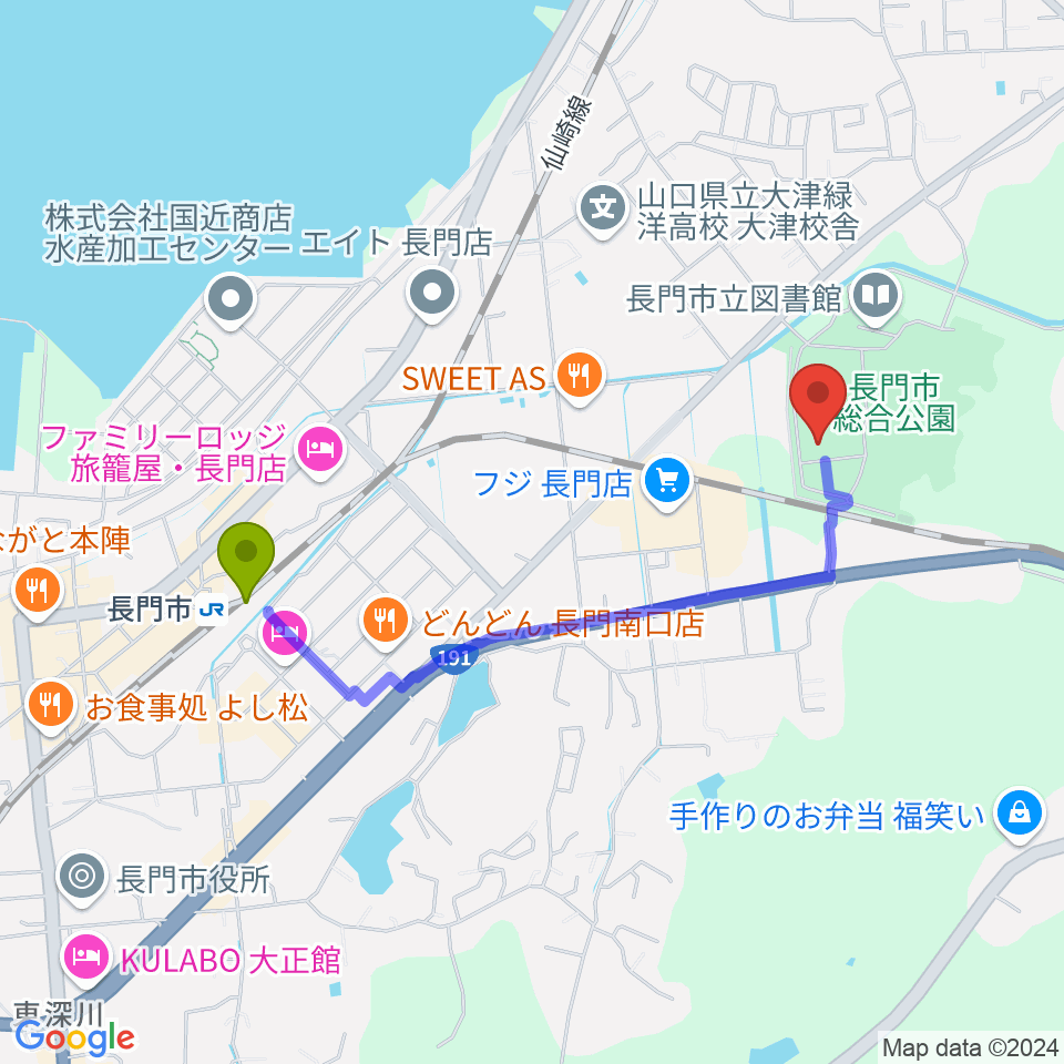 ながと総合体育館の最寄駅長門市駅からの徒歩ルート（約18分）地図