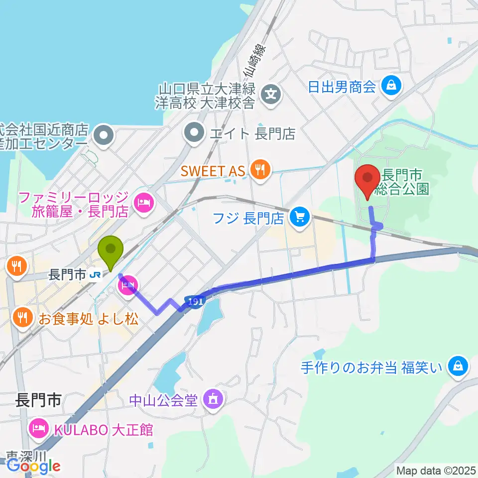ながと総合体育館の最寄駅長門市駅からの徒歩ルート（約18分）地図