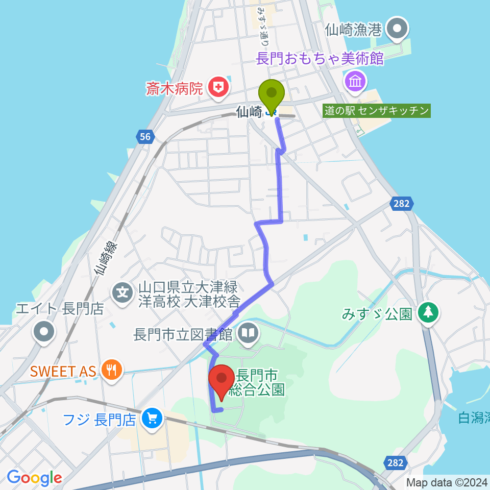 仙崎駅からながと総合体育館へのルートマップ地図