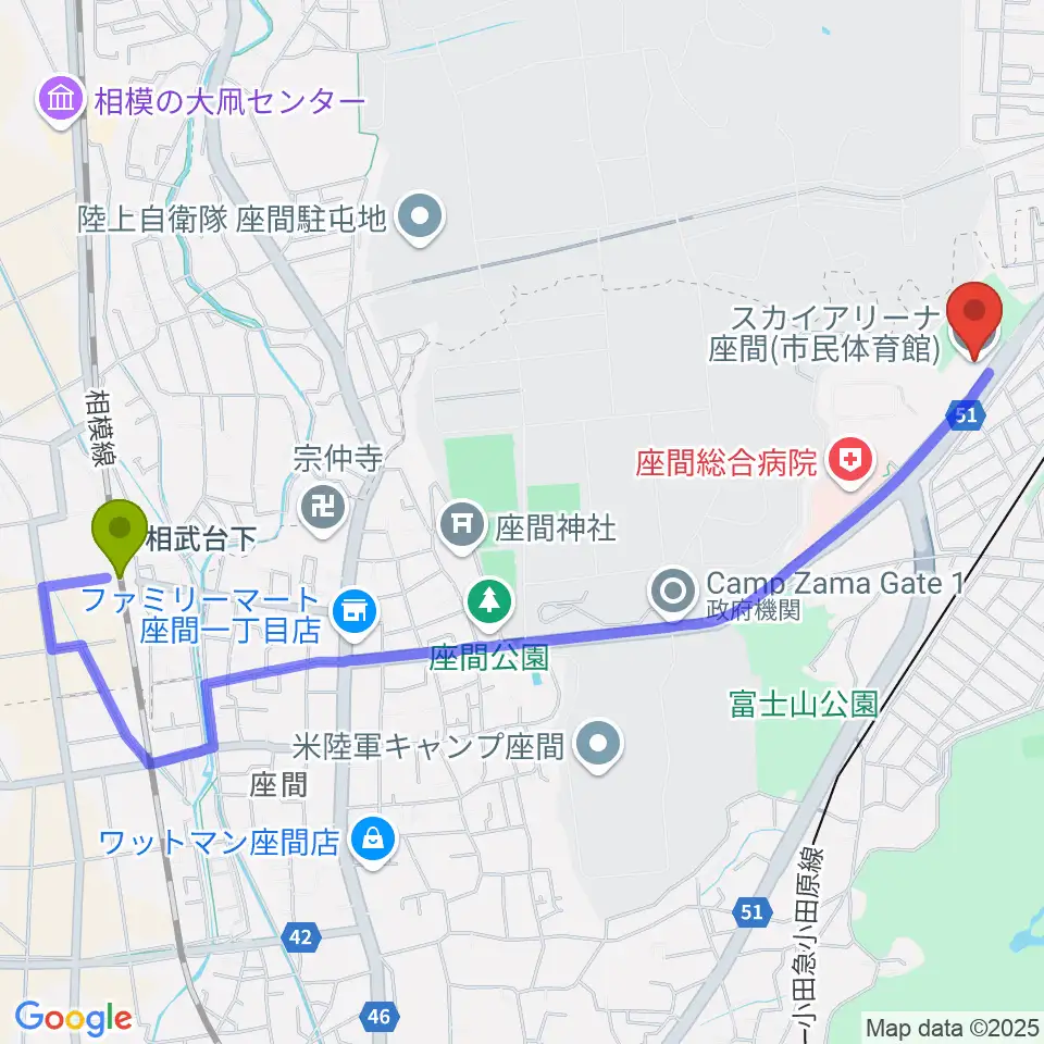 相武台下駅からスカイアリーナ座間へのルートマップ地図