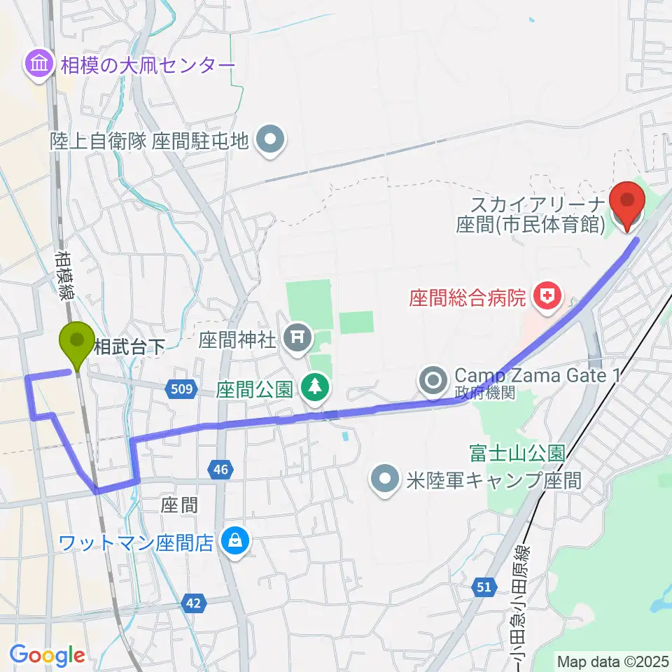 相武台下駅からスカイアリーナ座間へのルートマップ地図