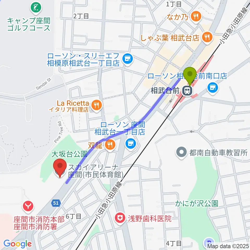 スカイアリーナ座間の最寄駅相武台前駅からの徒歩ルート（約10分）地図