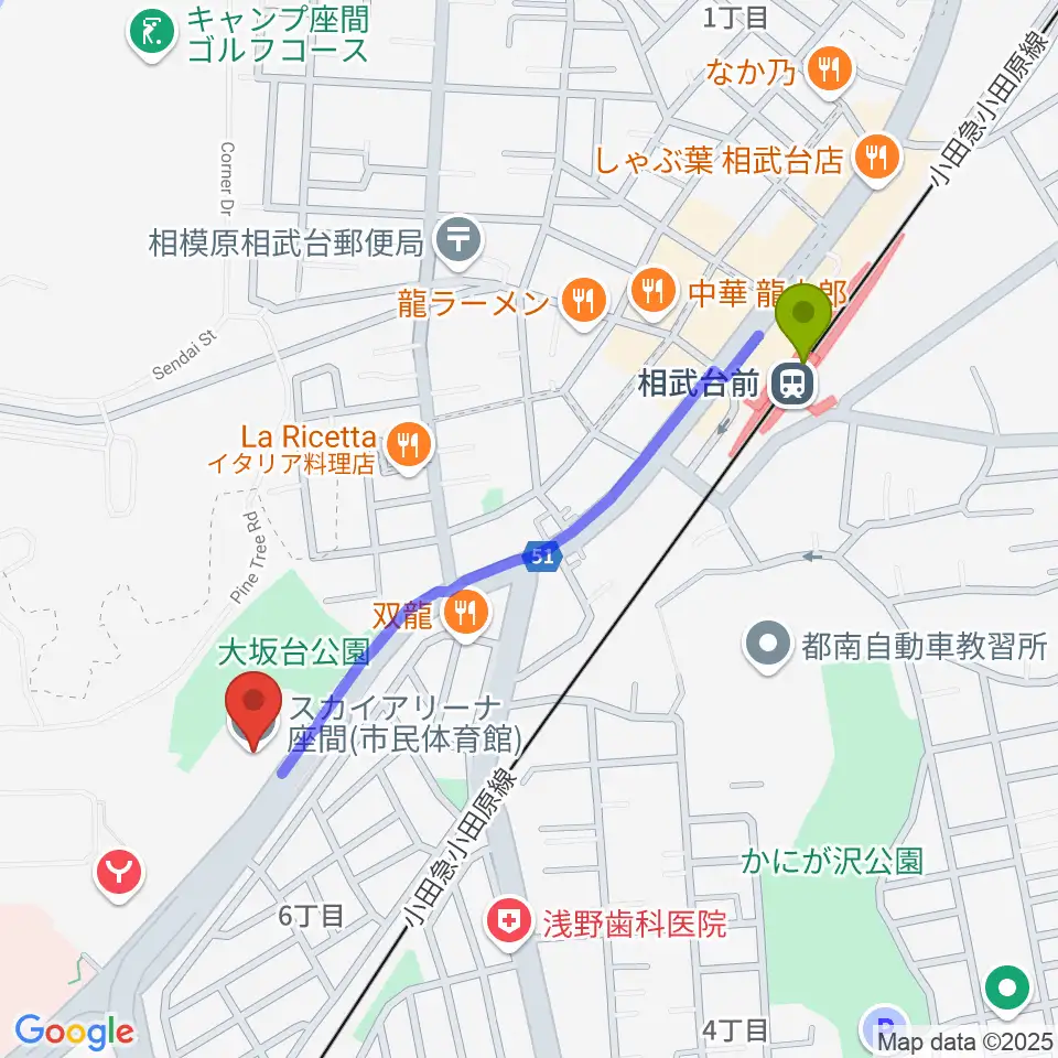 スカイアリーナ座間の最寄駅相武台前駅からの徒歩ルート（約10分）地図