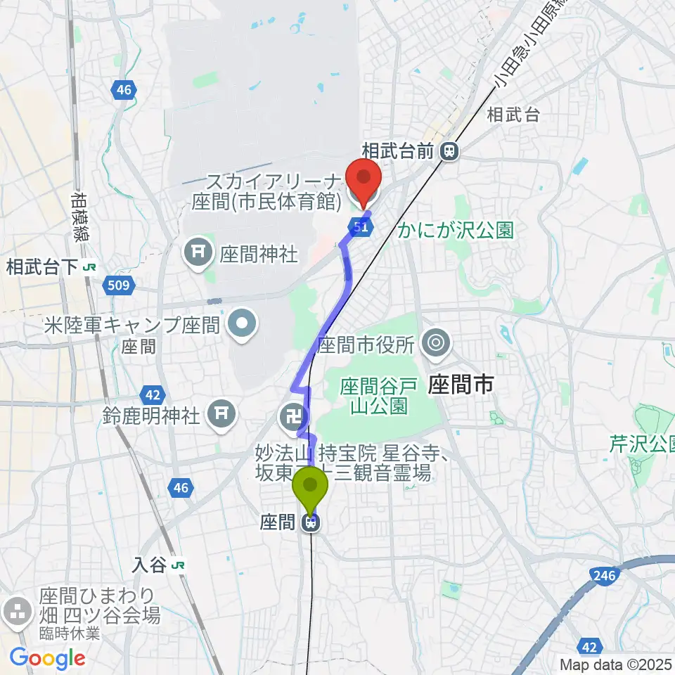 座間駅からスカイアリーナ座間へのルートマップ地図