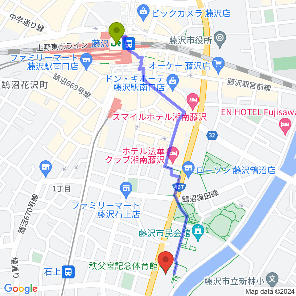 藤沢駅から秩父宮記念体育館へのルートマップ地図