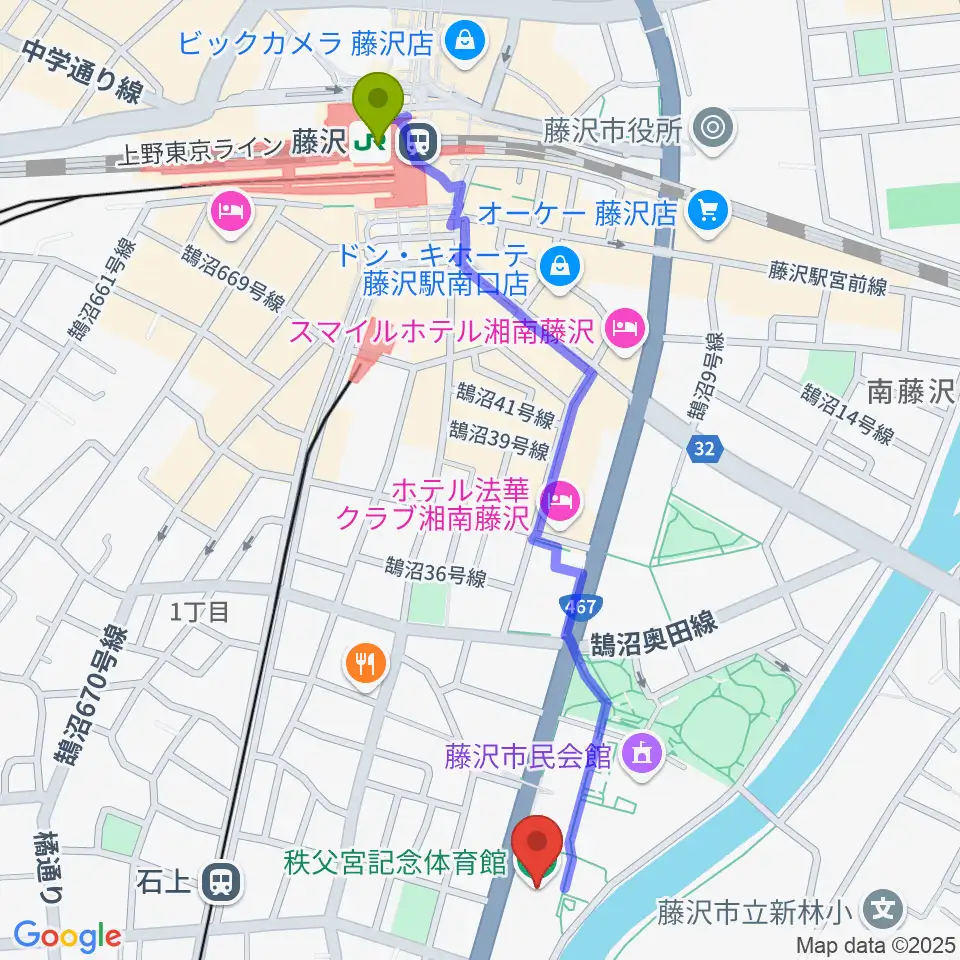 藤沢駅から秩父宮記念体育館へのルートマップ地図