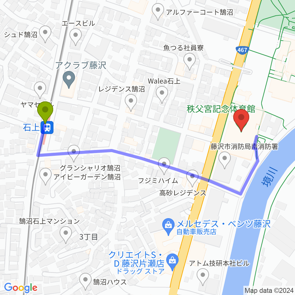 秩父宮記念体育館の最寄駅石上駅からの徒歩ルート（約5分）地図
