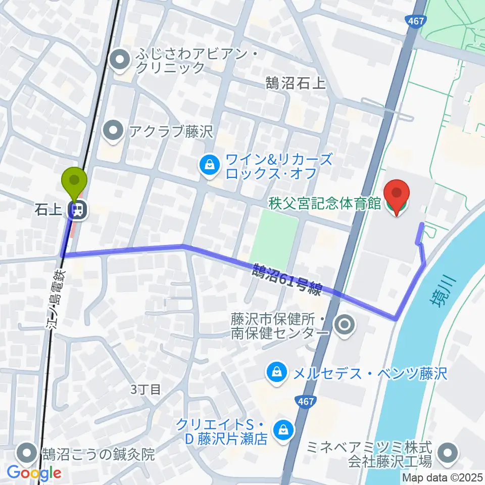 秩父宮記念体育館の最寄駅石上駅からの徒歩ルート（約5分）地図
