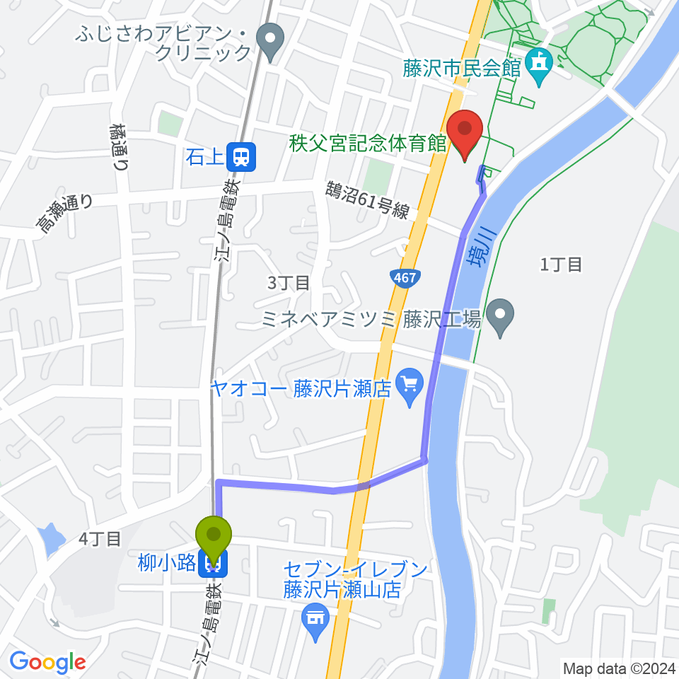 柳小路駅から秩父宮記念体育館へのルートマップ地図