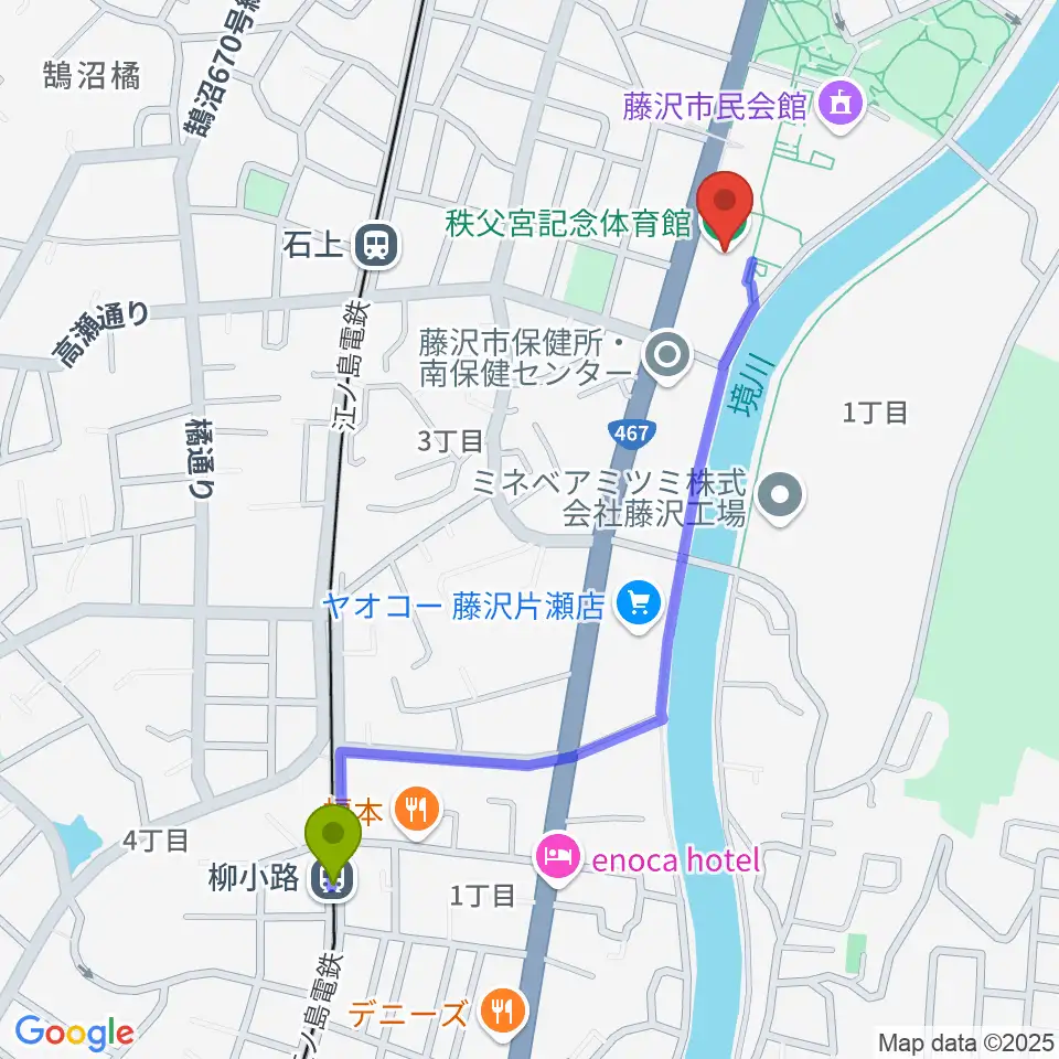 柳小路駅から秩父宮記念体育館へのルートマップ地図