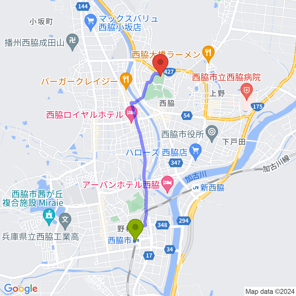 西脇市駅から西脇市総合市民センターへのルートマップ地図