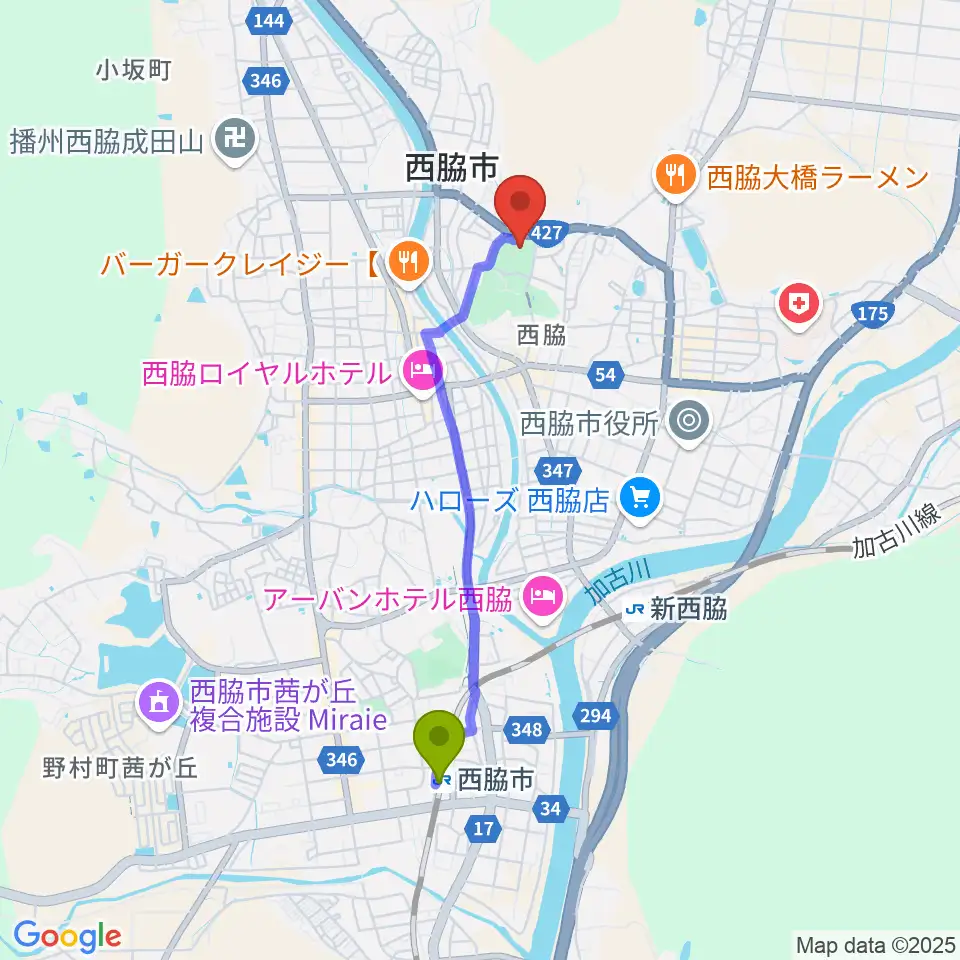 西脇市駅から西脇市総合市民センターへのルートマップ地図