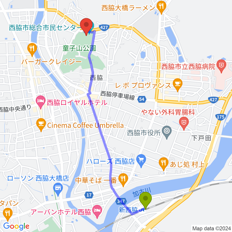 西脇市総合市民センターの最寄駅新西脇駅からの徒歩ルート（約25分）地図