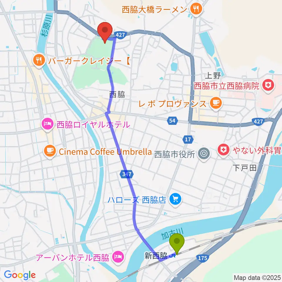 西脇市総合市民センターの最寄駅新西脇駅からの徒歩ルート（約25分）地図