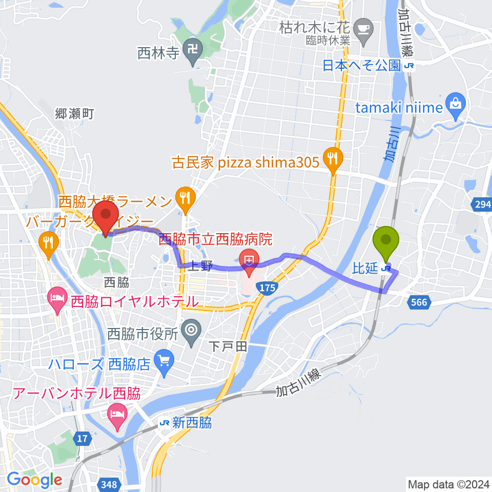 比延駅から西脇市総合市民センターへのルートマップ地図