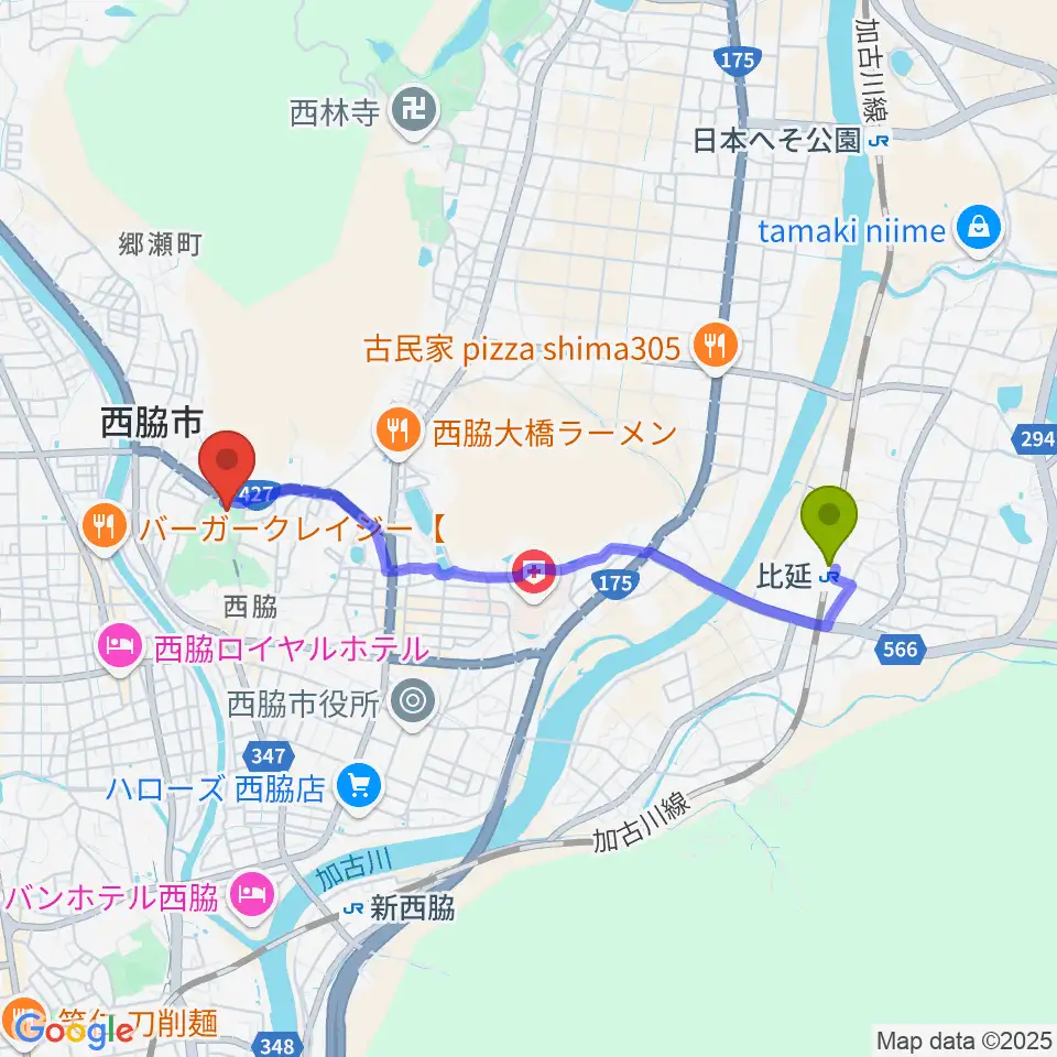 比延駅から西脇市総合市民センターへのルートマップ地図
