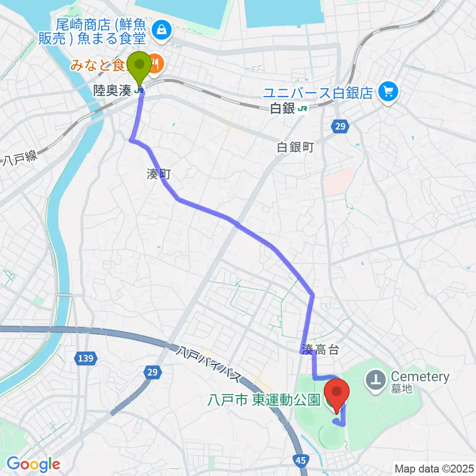 陸奥湊駅から八戸市東体育館へのルートマップ地図
