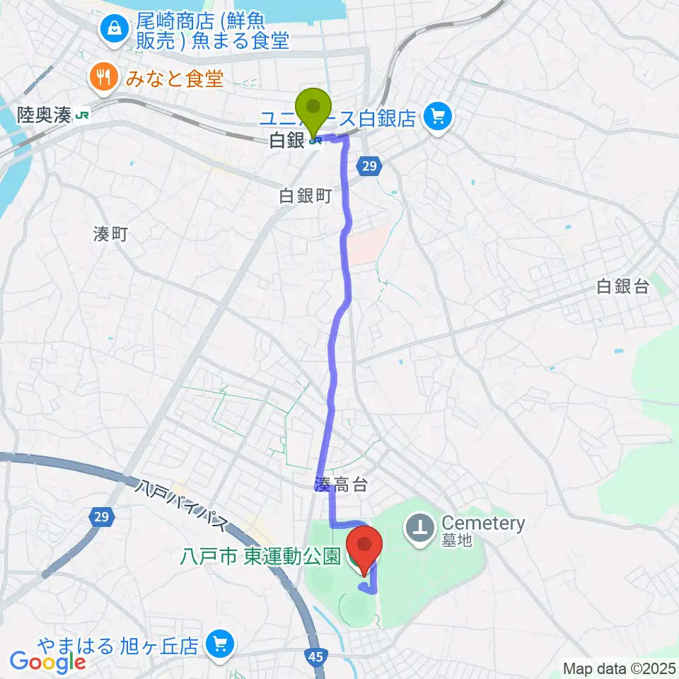 八戸市東体育館の最寄駅白銀駅からの徒歩ルート（約38分）地図