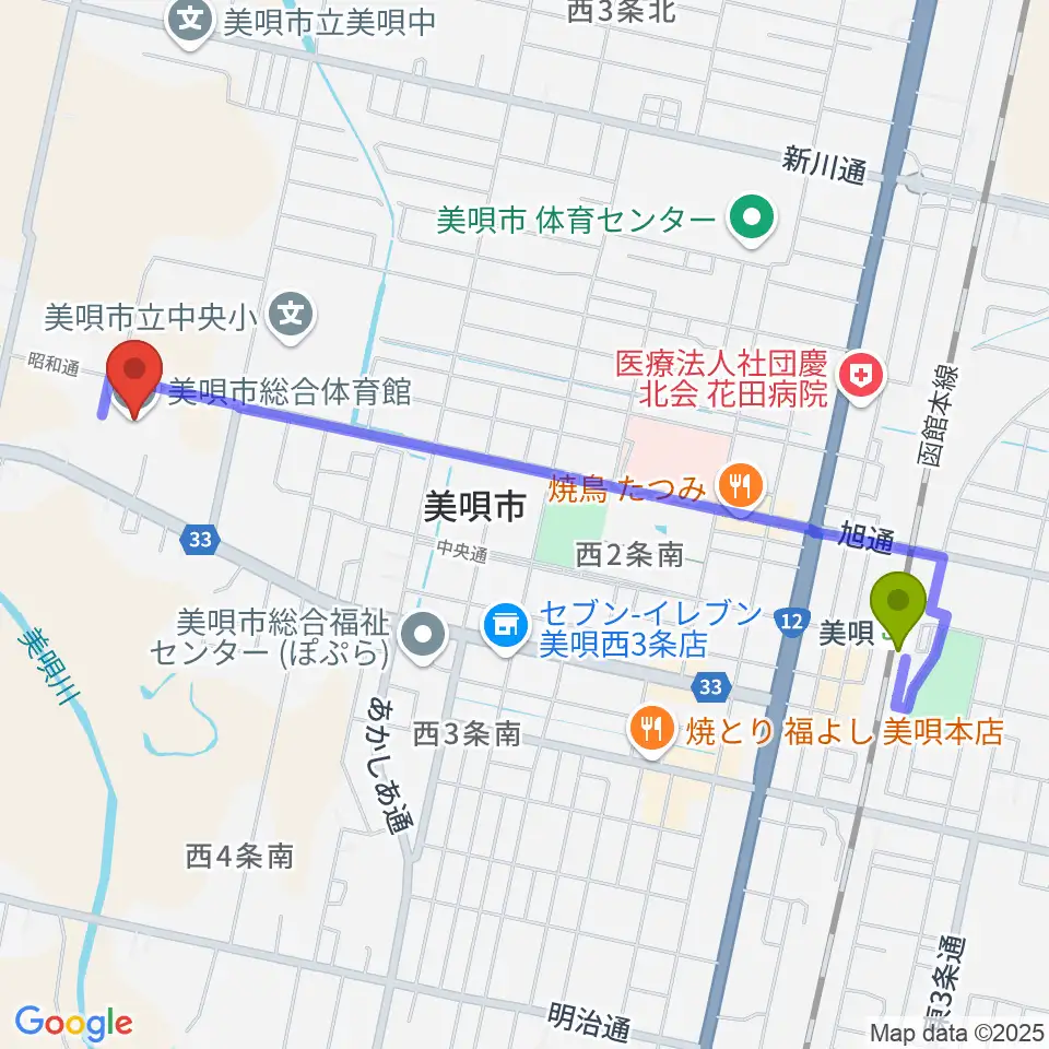美唄市総合体育館の最寄駅美唄駅からの徒歩ルート（約21分）地図