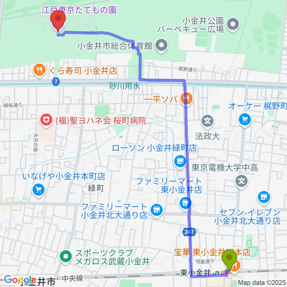 東小金井駅から江戸東京たてもの園へのルートマップ地図